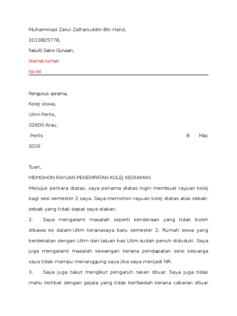 Contoh Surat Permohonan Kolej Kediaman Um