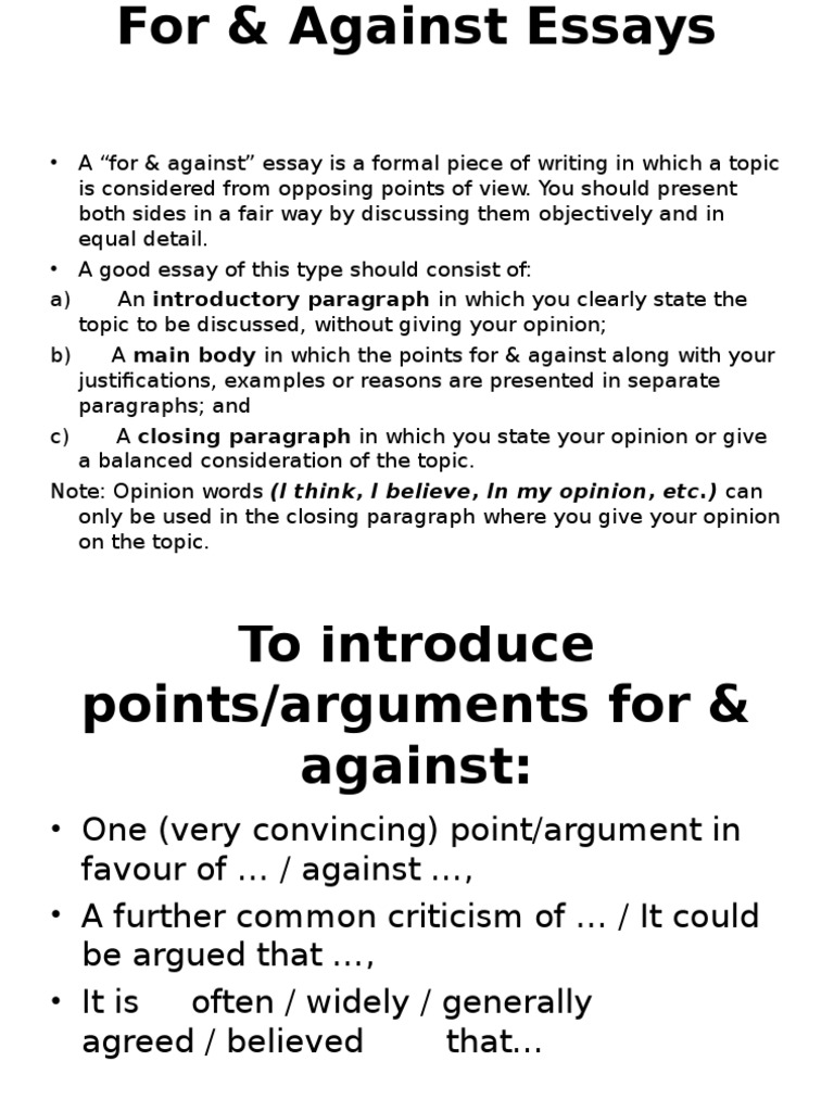 For & Against Essay Writing Guide | PDF | Opinion | Essays