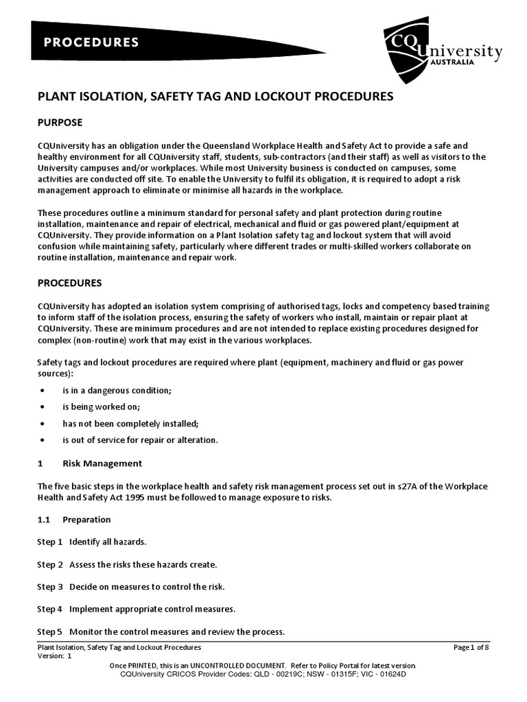 Plant Isolation, Safety Tag and Lockout Procedures Electrical Wiring