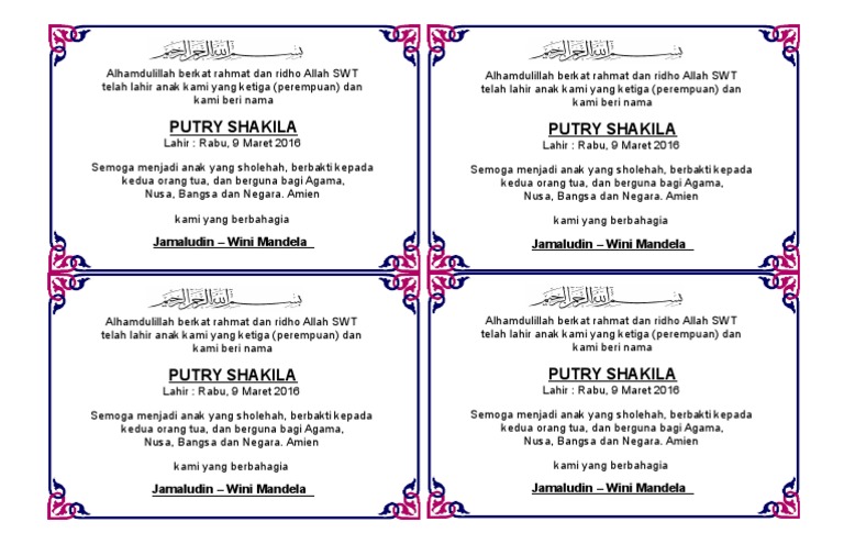Contoh Kartu Ucapan Aqiqah Bayi Pada Berkat Kotak Nasi Doc