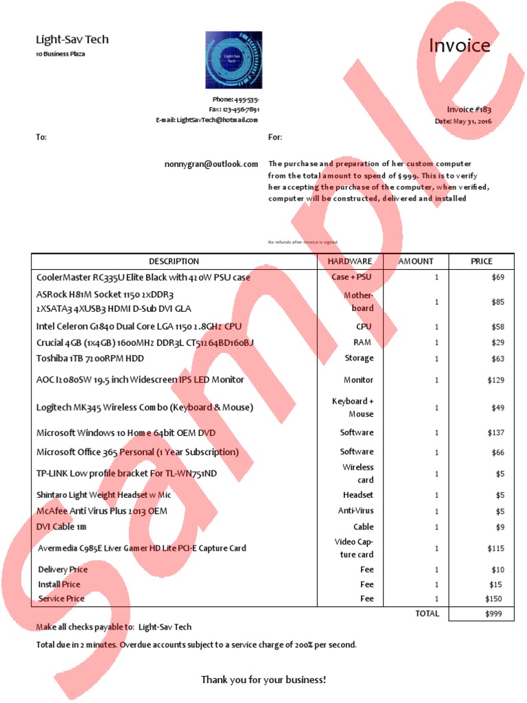 Custom Computer Invoice for $999 | PDF