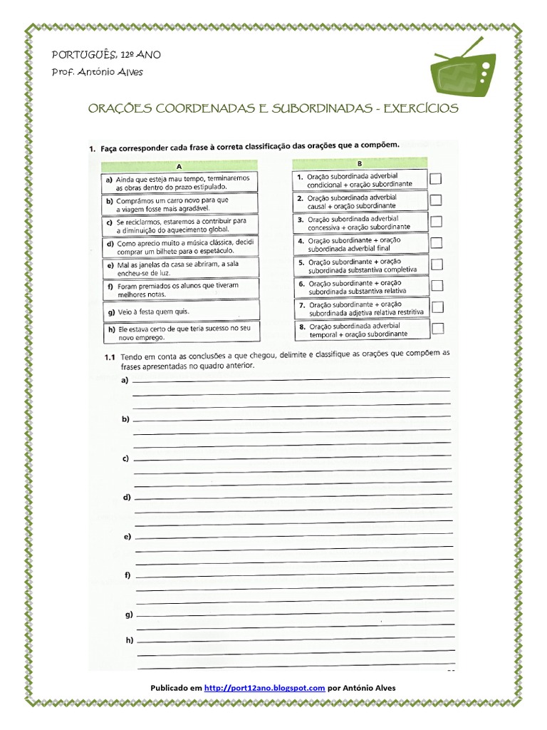 Exercícios de Orações Coordenadas e Subordinadas | PDF