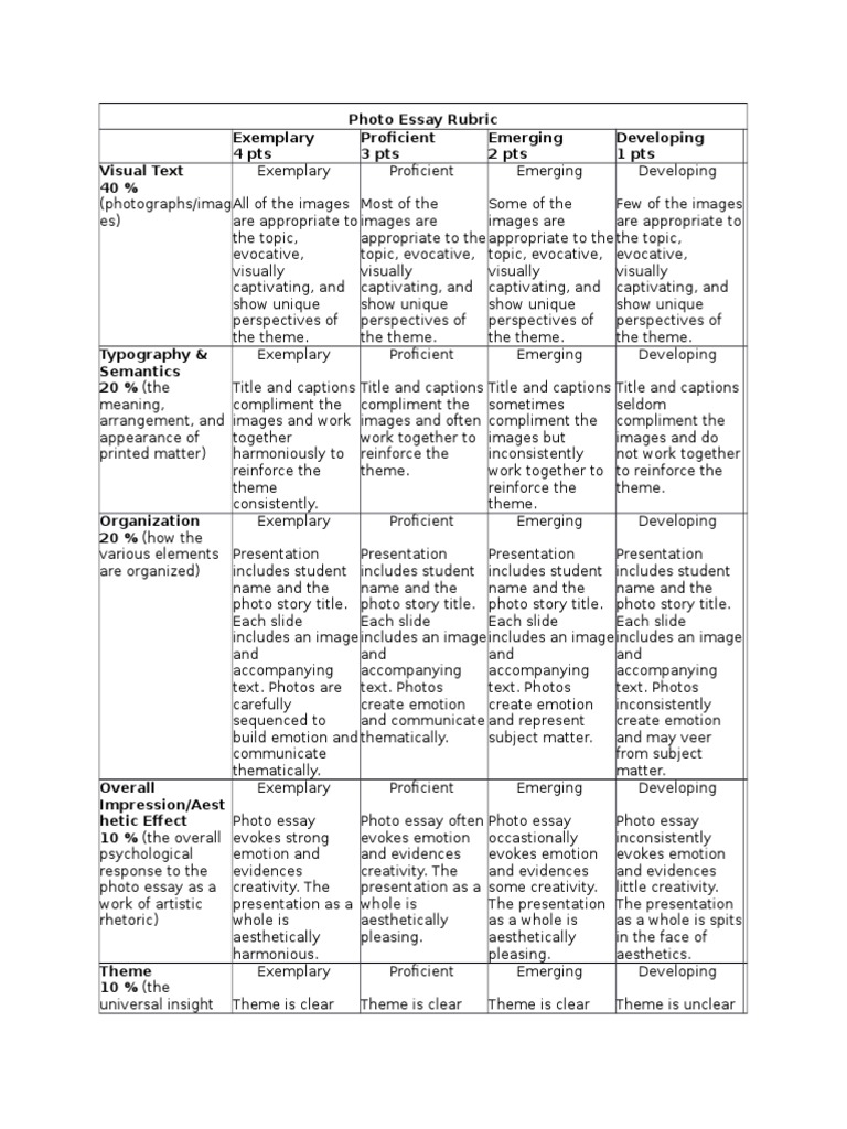 rubrics for photo essay