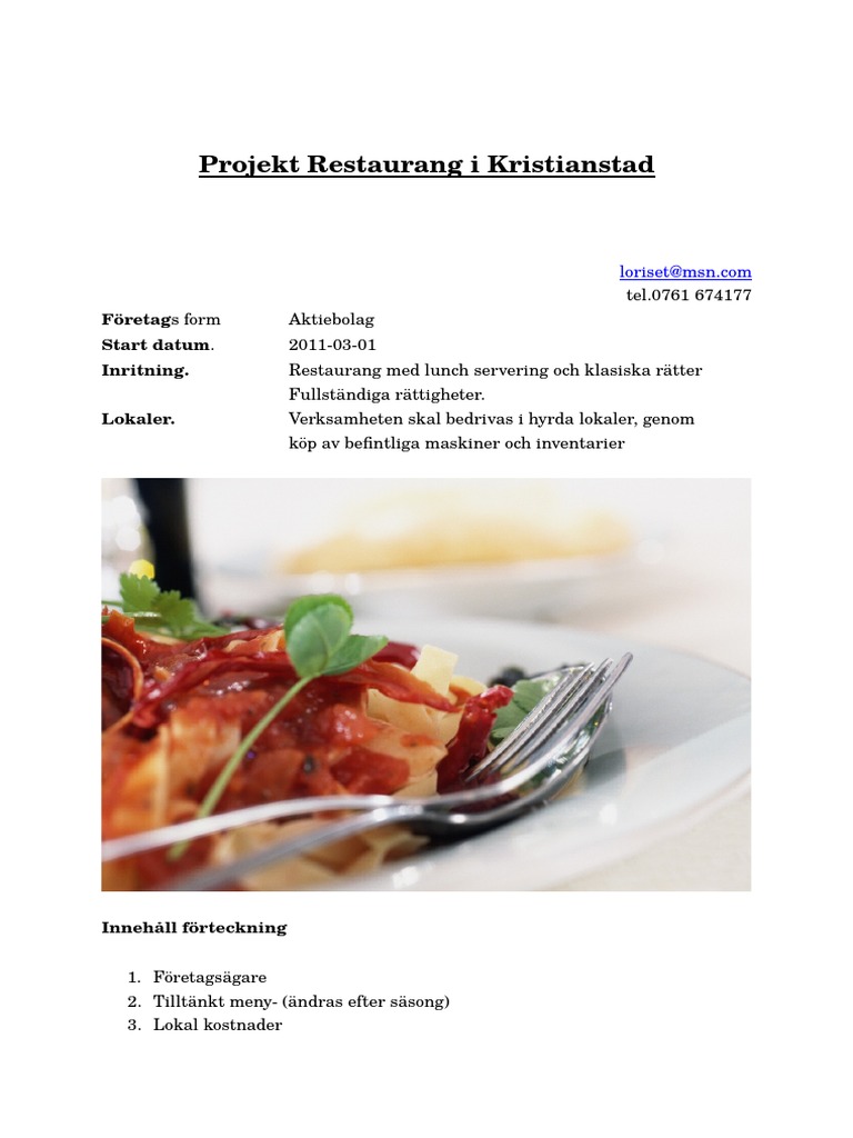 Restaurang Projekt | PDF