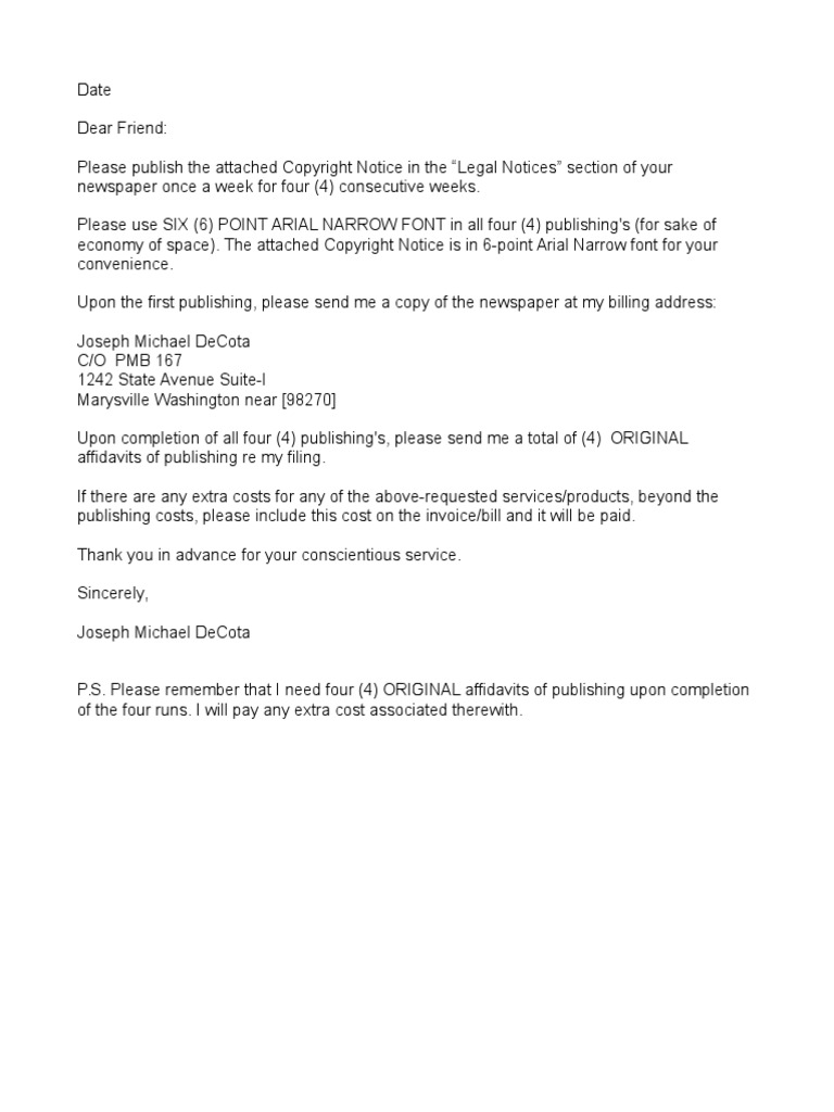 Letter To Newspaper for Publishing Public Notices
