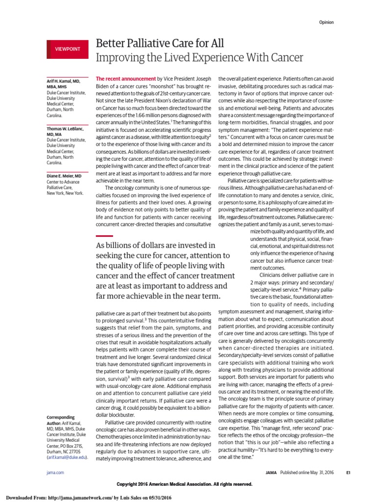 Better Palliative Care For All. JAMA May 31, 2016 | PDF | Palliative ...