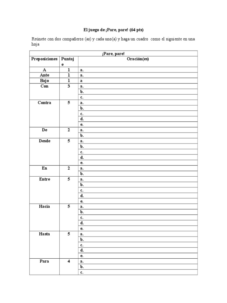 El Juego de Las Preposiciones (Ejercicio de Practica)