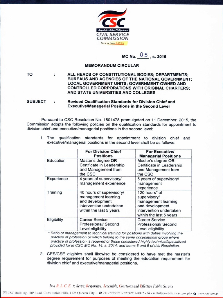 MC No. 5 s. 2016 Qualification Standards for Division Chiefs & Executive