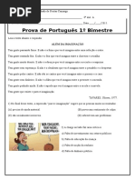 Prova de Português 8° ano 