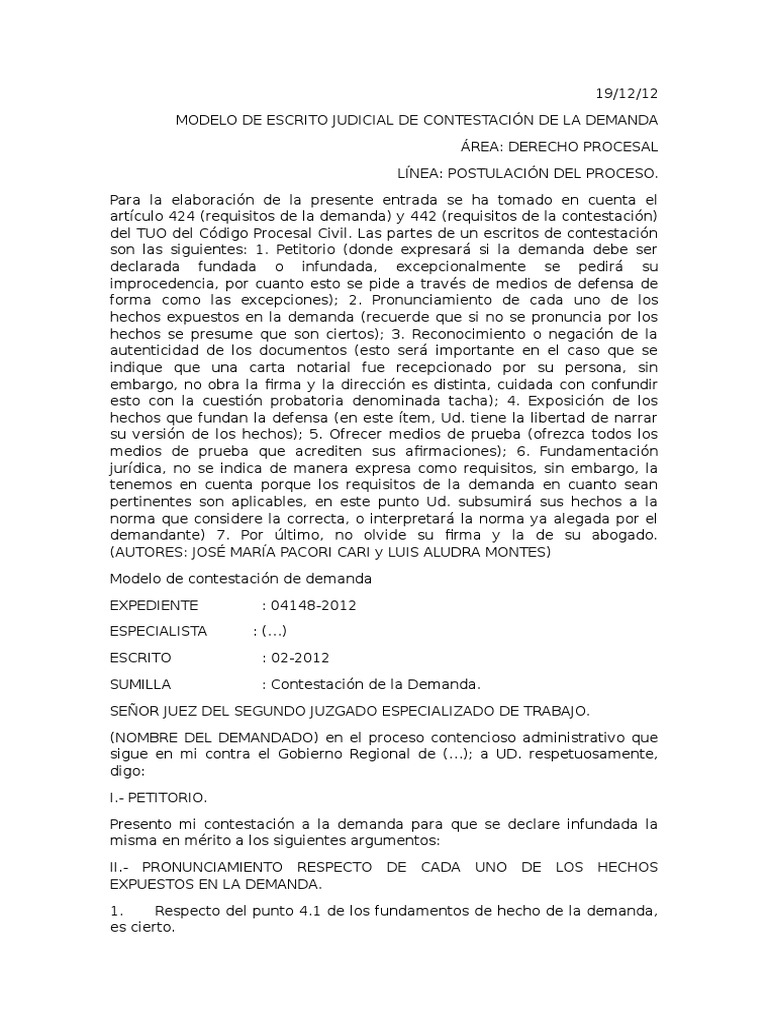 Modelo de Contestación de Demanda Civil | PDF | Demanda judicial | Pagos