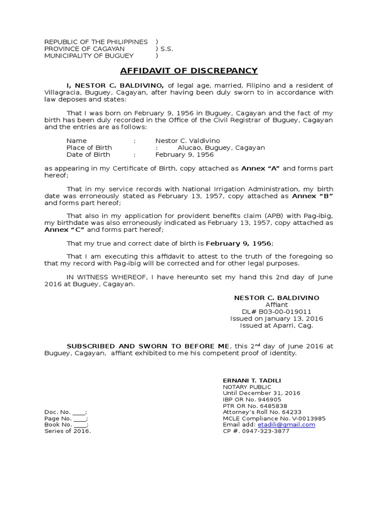 Affidavit Of Discrepancy In Birthyear And Lastname