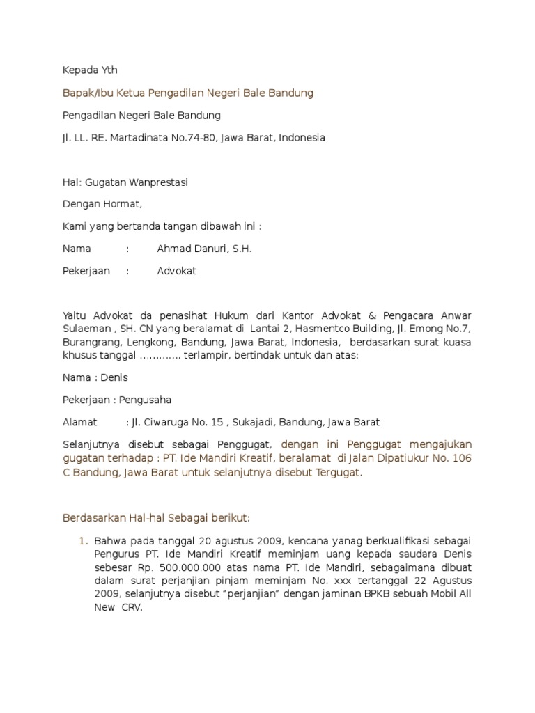 Surat Gugatan Wanprestasi Docx