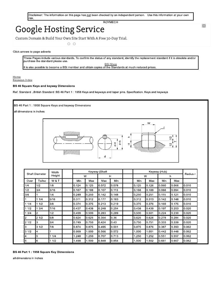 BS 46 - 1958 Square Keys and Keyway Dimensions | PDF