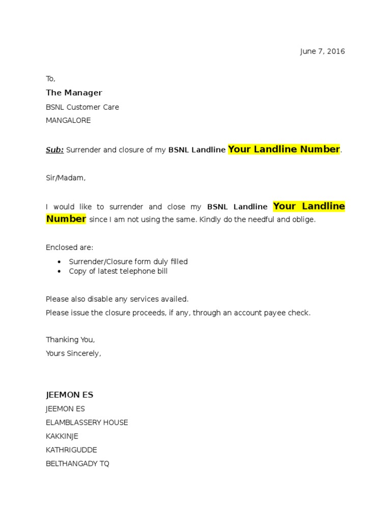 BSNL Landline Broadband Closure Letter Access