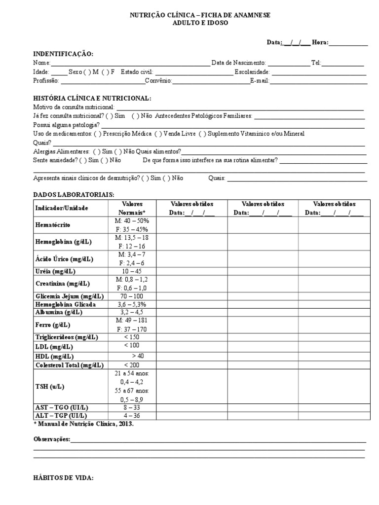 Anamnese Adulto E Idoso 2021 - ANAMNESE ALIMENTAR ADULTO E IDOSO  Data_____//___ - Studocu