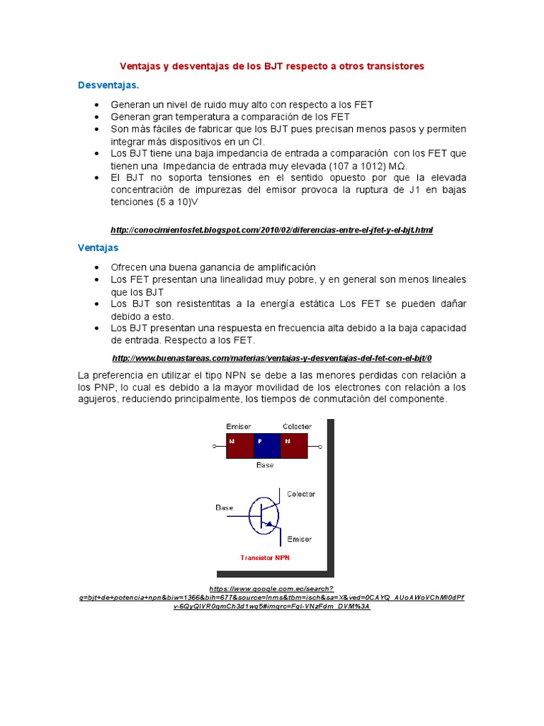 Ventajas y Desventajas de Los BJT Respecto A Otros Transistores PDF