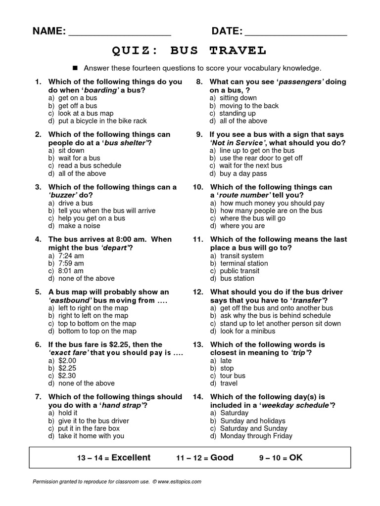 4 Esl Topics Quiz Bus Travel | PDF | Bus Transport | Bus