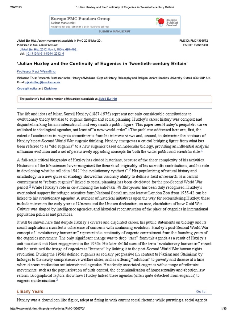 Julian Huxley and The Continuity of Eugenics in TwentiethCentury