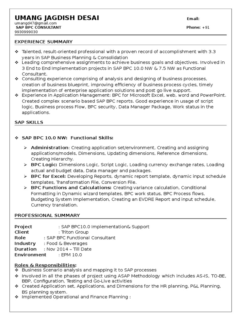 Sap bpc functional consultant job description