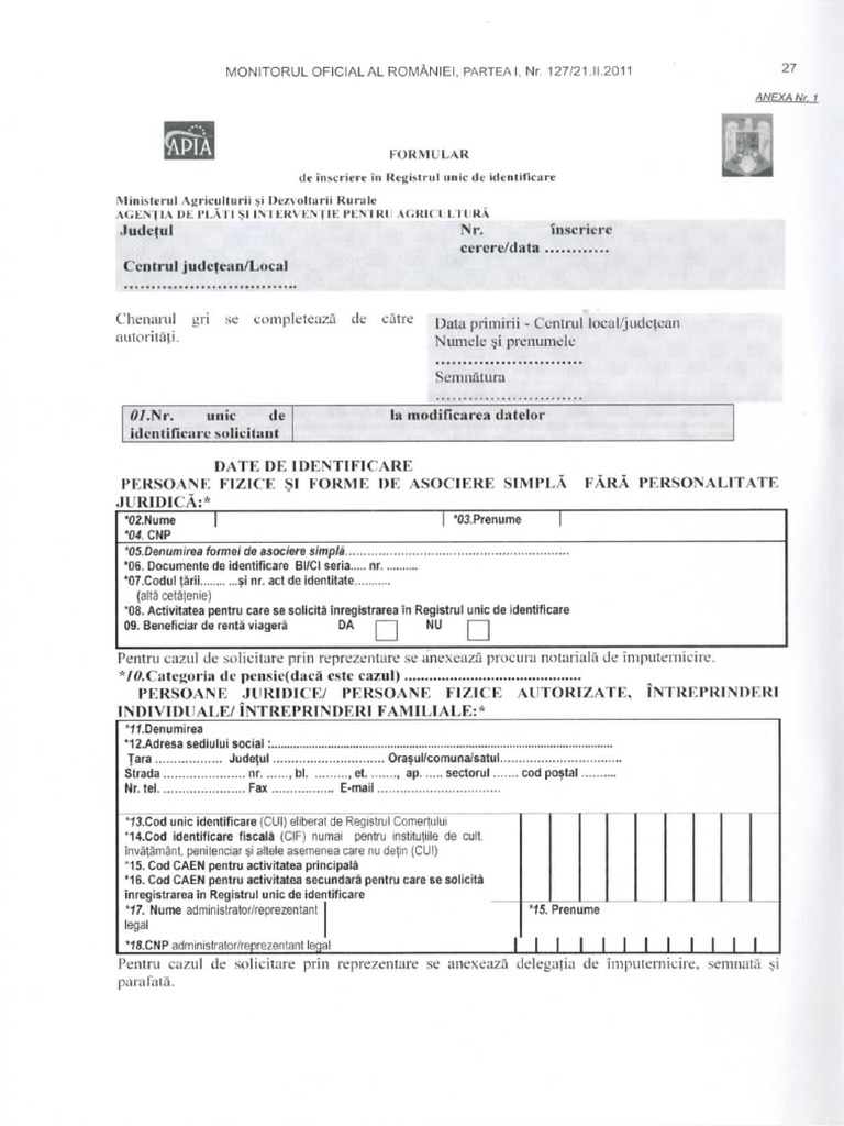Formular De Inscriere In Registrul Unic De Identificare