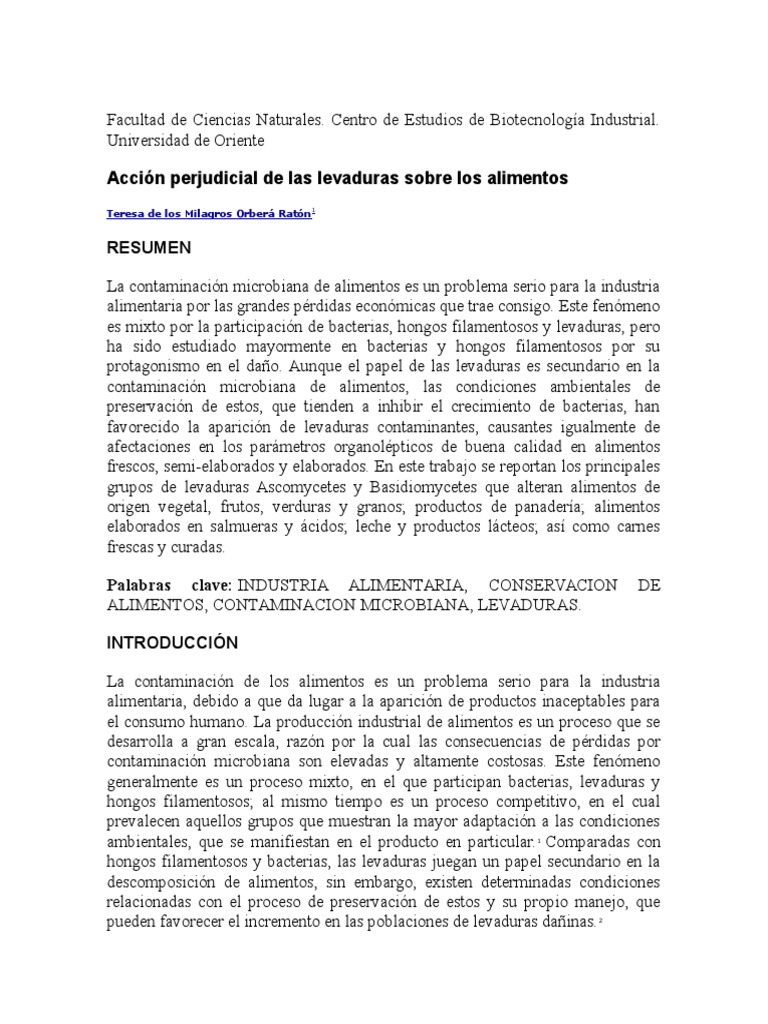 Impacto de Levaduras en Alimentos | PDF | Levadura | Alimentos