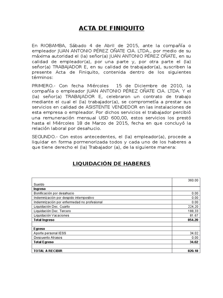 Acta de Finiquito | PDF | Finanzas y dinero