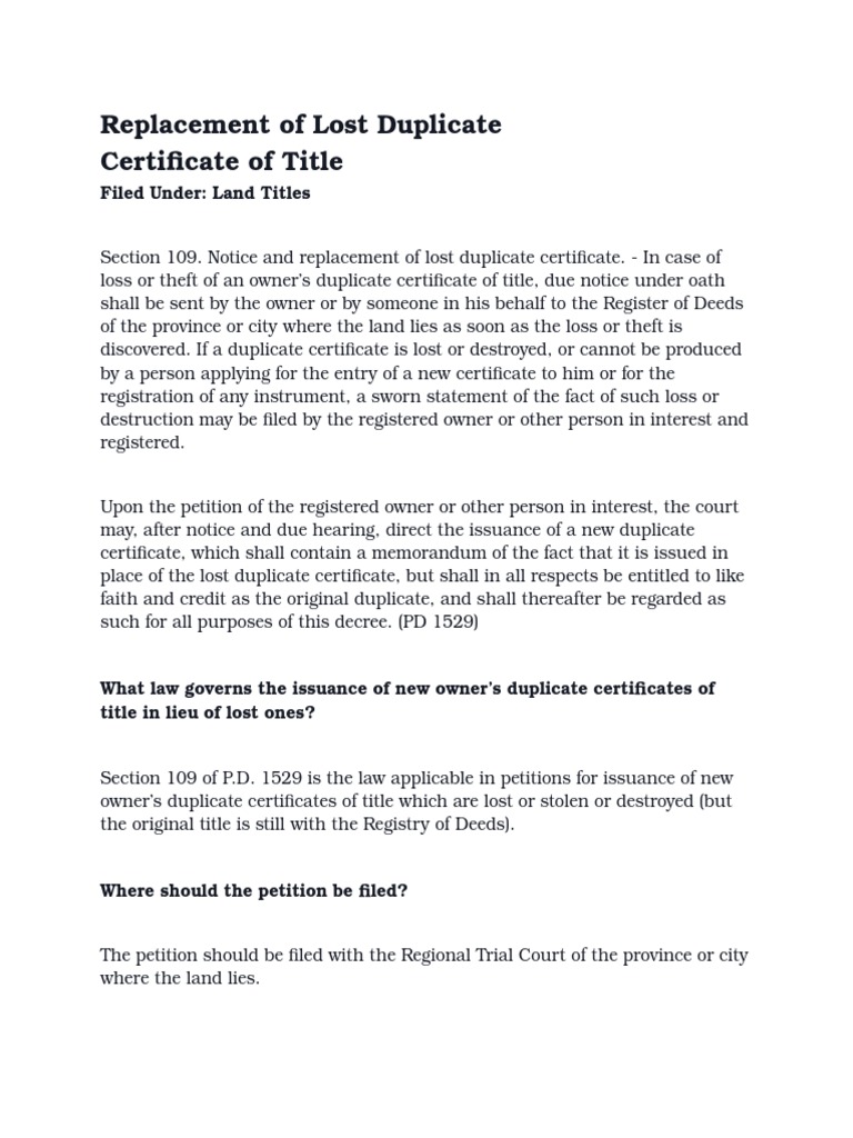 Replacement Of Lost Duplicate Certificate Of Title Download Free Pdf