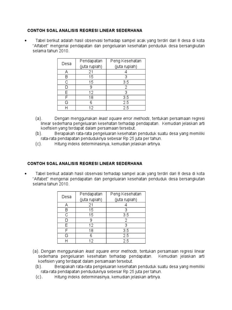 Contoh SoaCONTOH SOAL ANALISIS REGRESI LINEAR SEDERHANAl