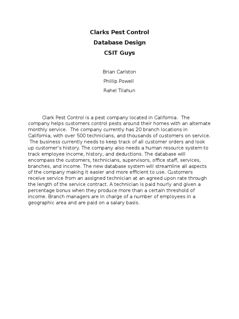 Clarks Pest Control Database Design | PDF