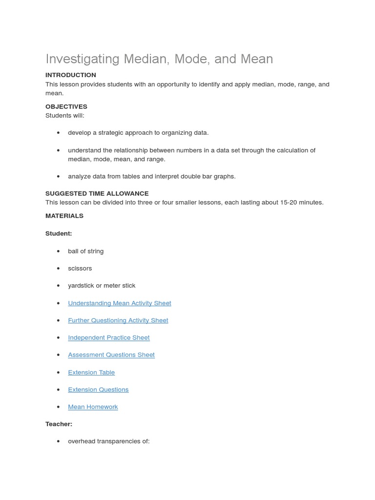 Lesson Plan Mean Mode Median | Median | Mean
