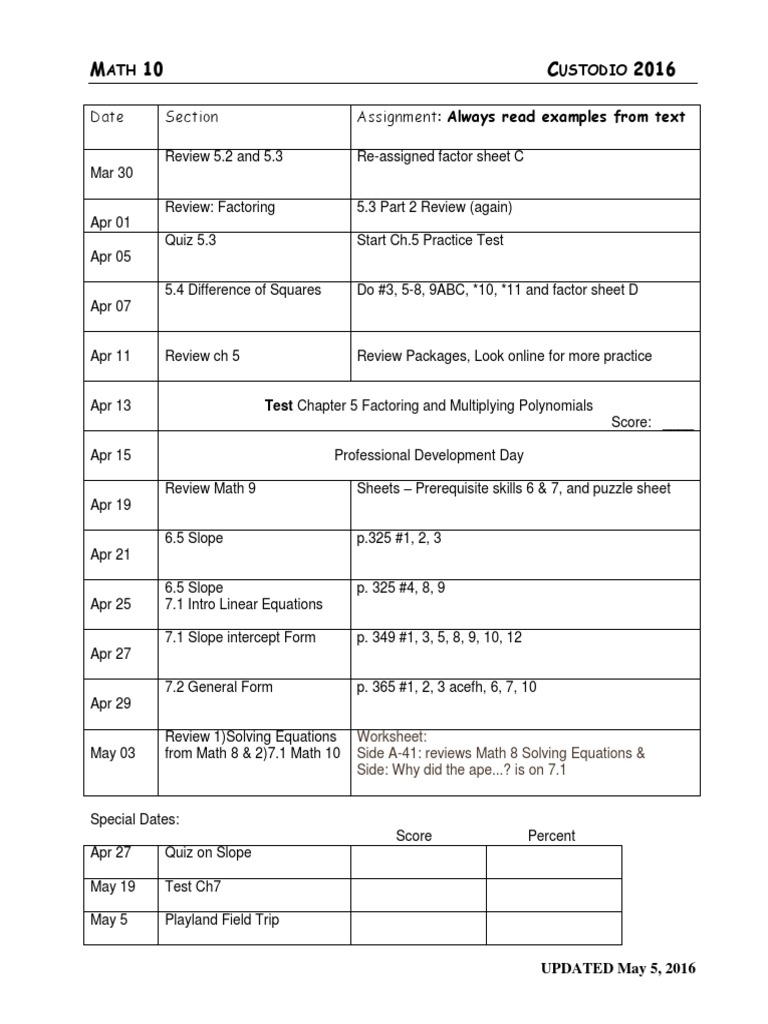 Math 10 Assignments & Schedule | PDF