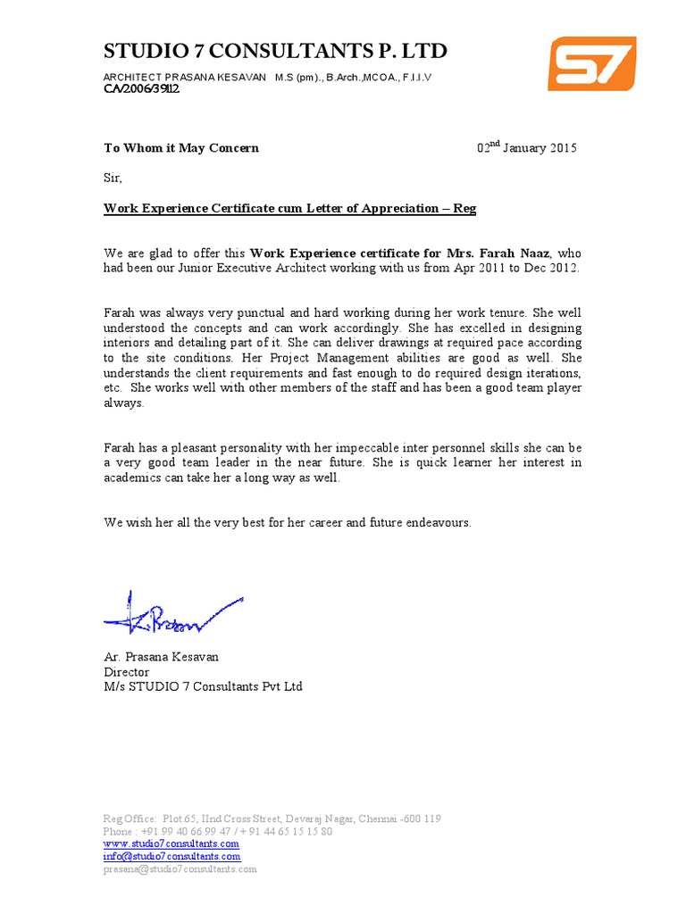 Work Experience Certificate Architect Design