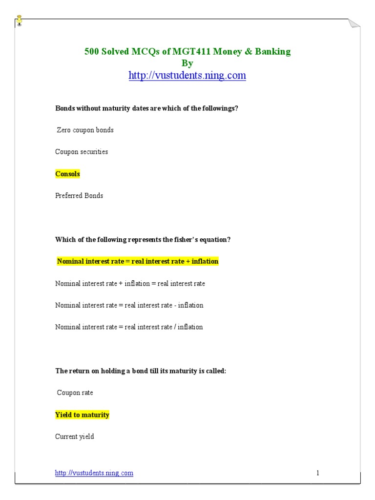 500 Solved MCQs of Money Banking PDF