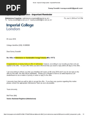 Imperial College London Offer Letter | PDF