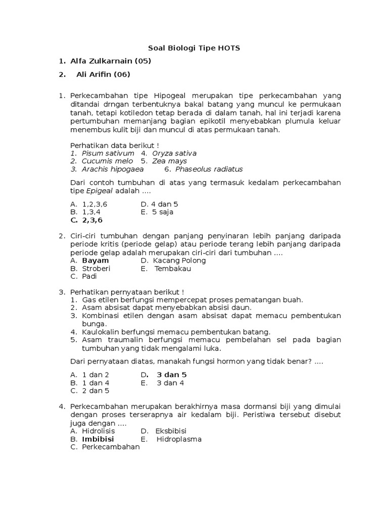Soal Biologi Tipe Hots Ali Dan Alfa