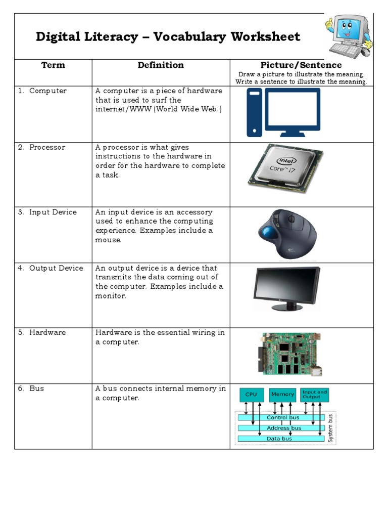 btt101 Digital Literacy Vocabulary Worksheet Computer Hardware