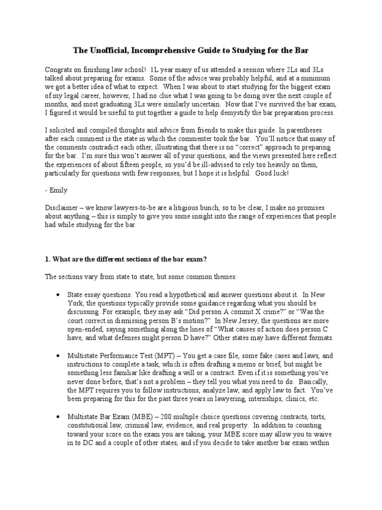 Bar Exam Guide Test Assessment Homework