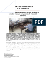 Boletín 030 Actores de Salud Esperan Urgente Corredor Humanitario Entre Cali y Popayán Para Garantizar La Vida de 160 Pacientes