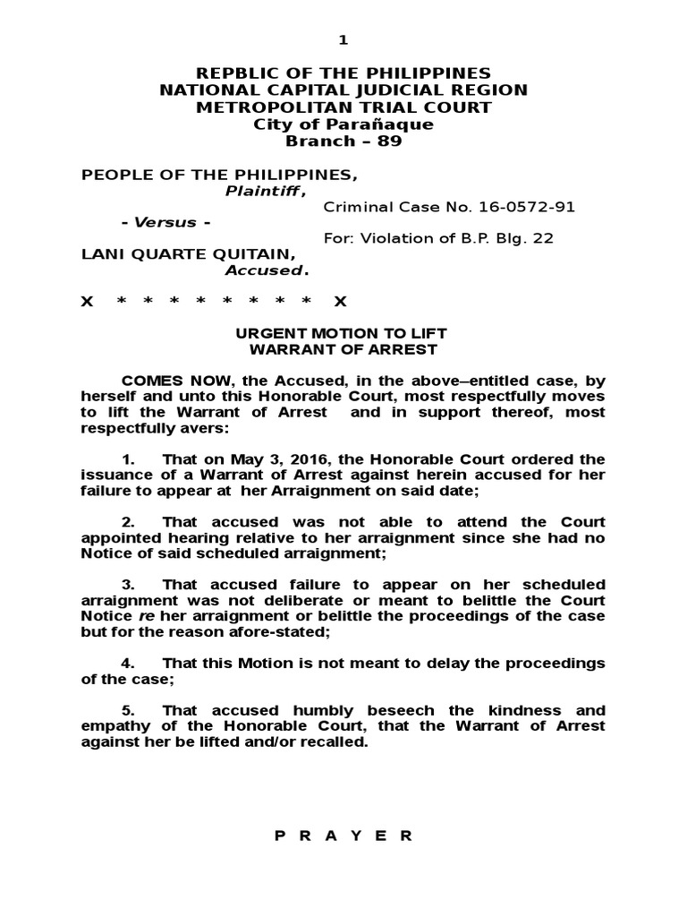 Motion to Lift Warrant of Arrest Due to Lack of Notice of Arraignment