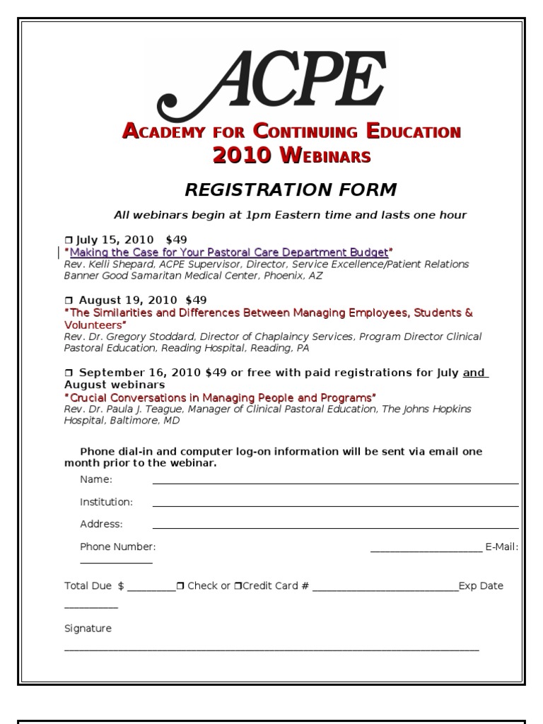 ACPE Academy 2010 Webinars Summer Registration | PDF | Career & Growth