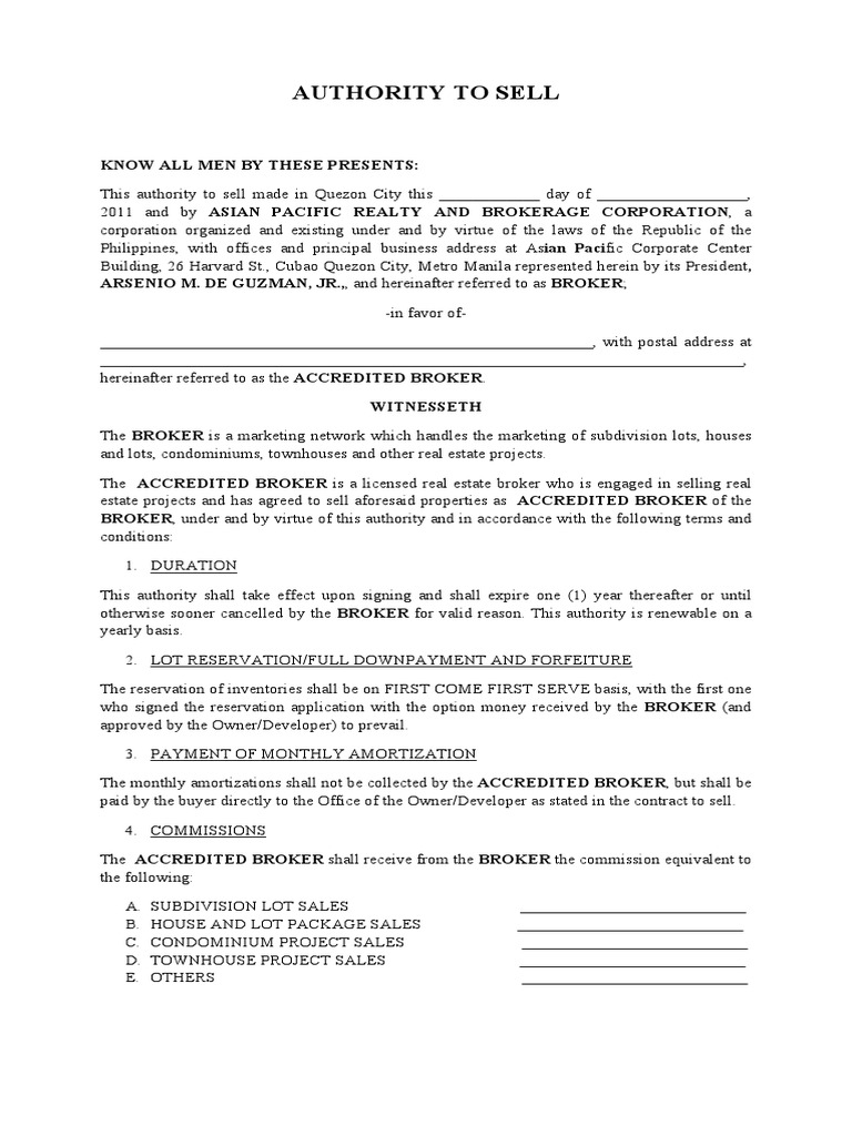 Authority to Sell Sales Real Estate Broker