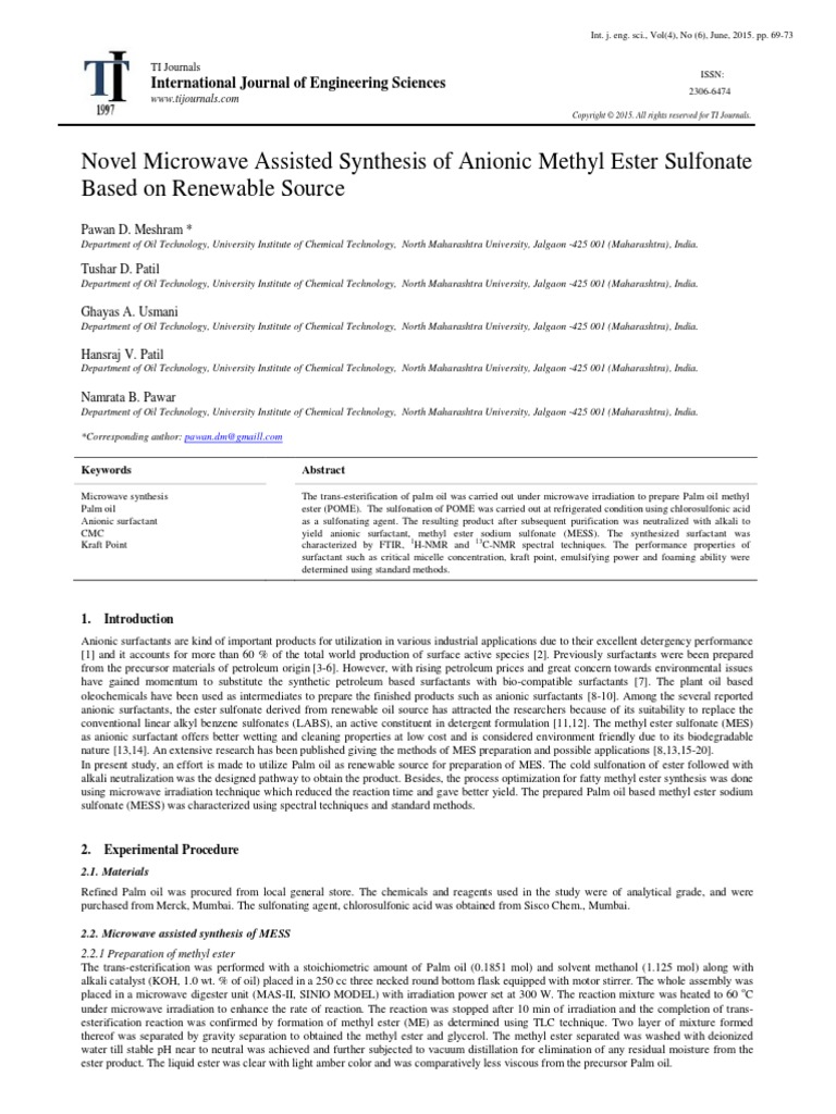Novel Microwave Assisted Synthesis of Anionic Methyl Ester Sulfonate ...