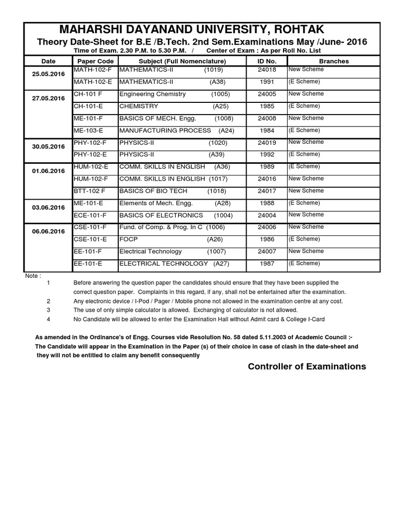 Theory Date Sheet of BTech 2nd Sem (New Scheme) | PDF | Teaching ...
