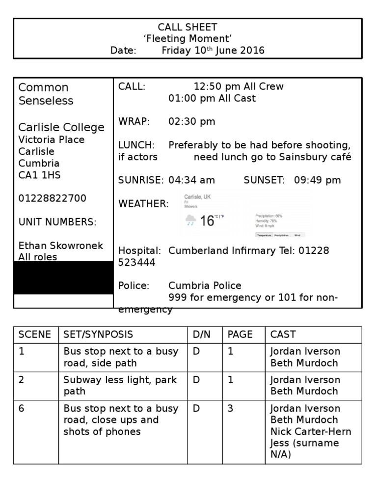 Call Sheet 10th June | PDF