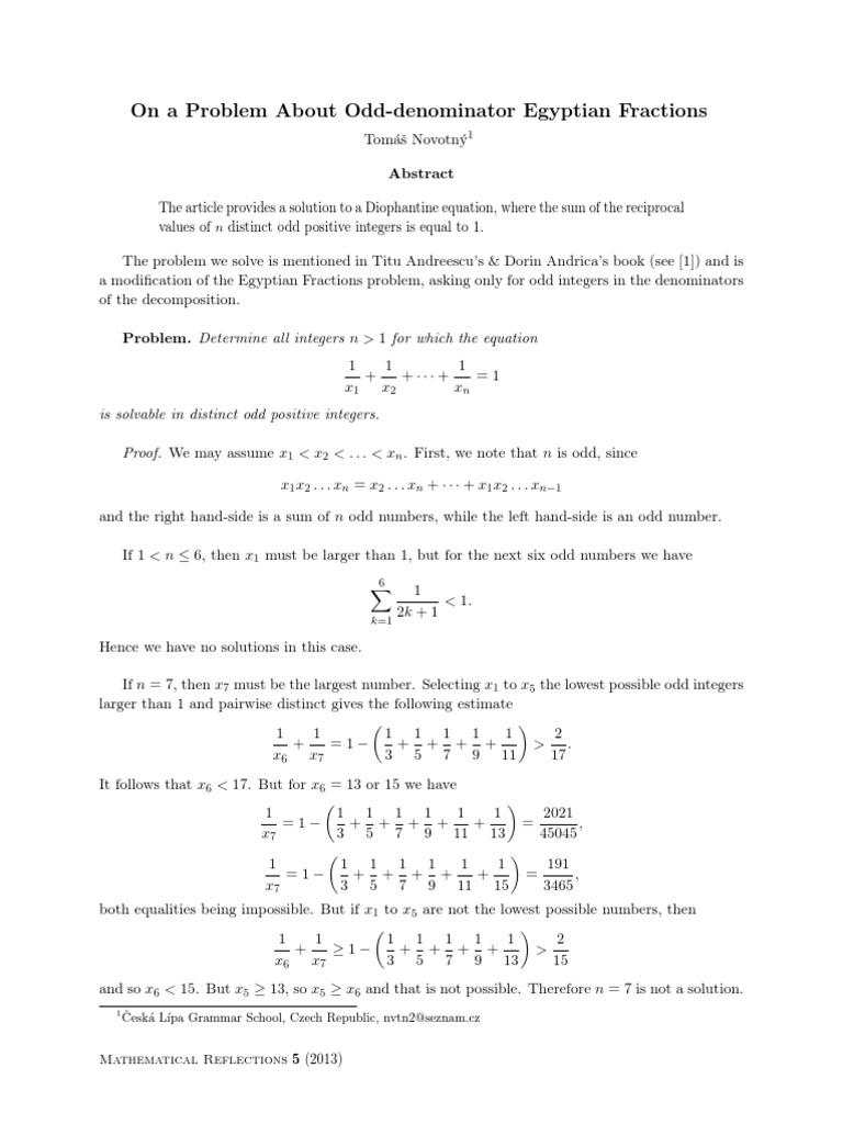 On A Problem About Odd-Denominator Egyptian Fractions | PDF | Fraction ...