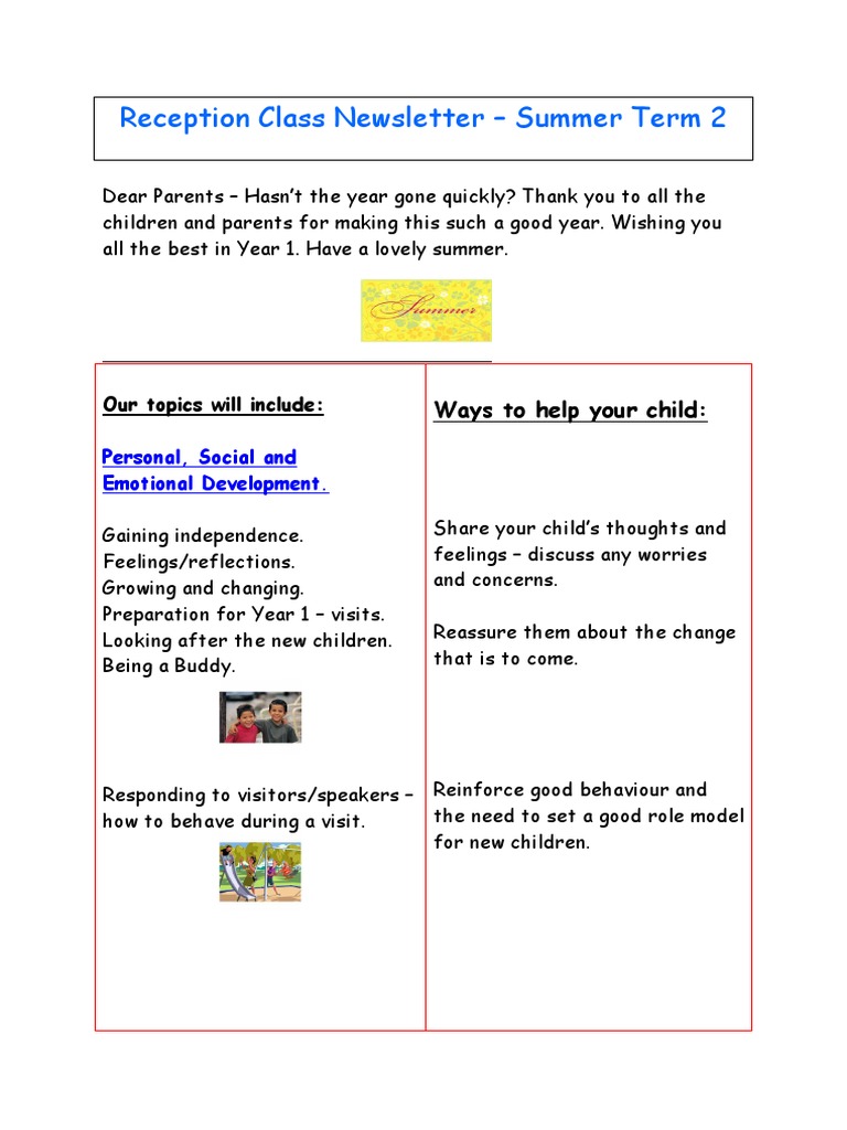 Reception Class Newsletter - Summer Term 2: Our Topics Will Include | PDF