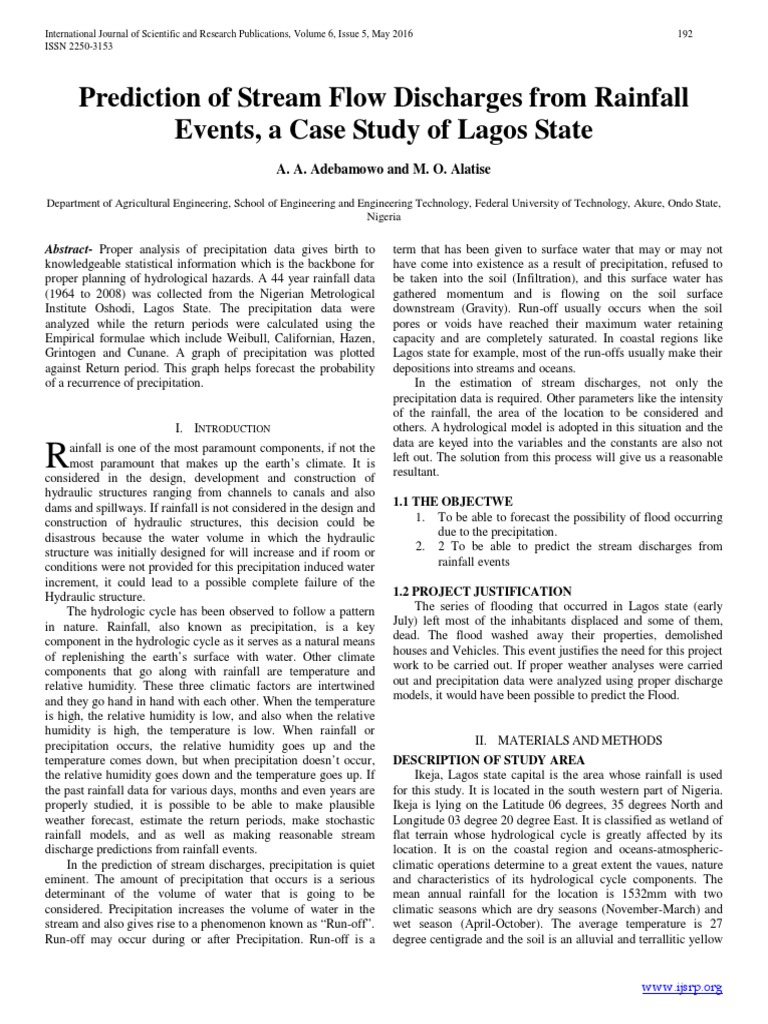 Prediction of Stream Flow Discharges From Rainfall Events, A Case Study ...