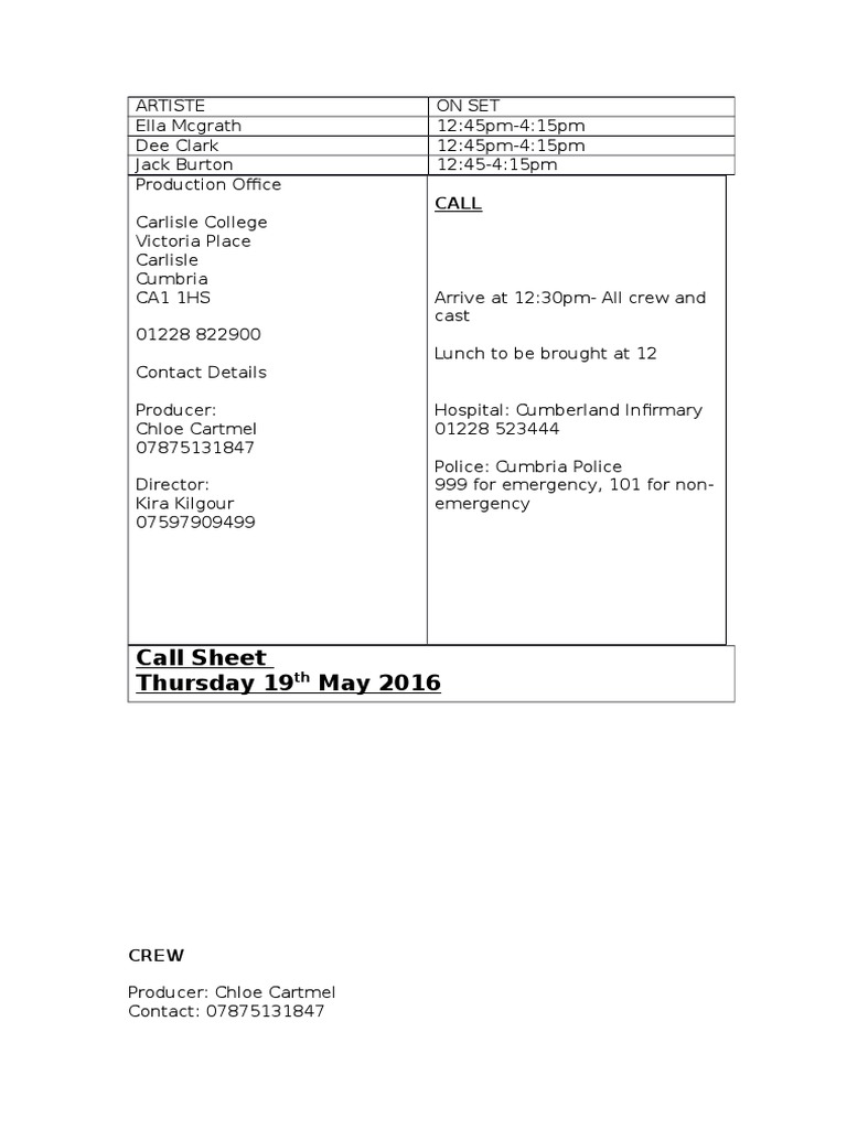 Call Sheet for Filming on May 19 | PDF