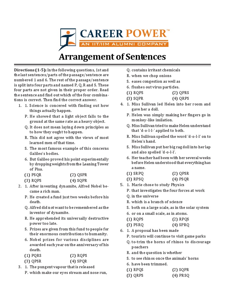 Arrangement of Sentences PDF Question Nature