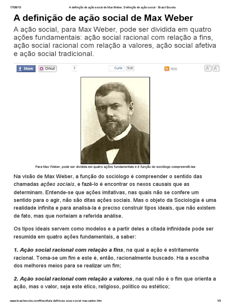 O Sociólogo Alemão Max Weber Define Ação Social Como Ação